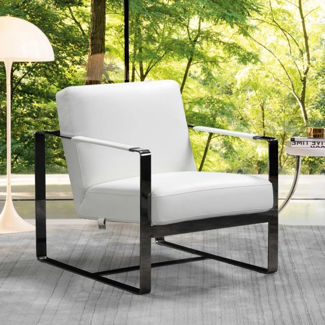 White and black fabric armchair with wood accents for a comfortable and stylish seating option
