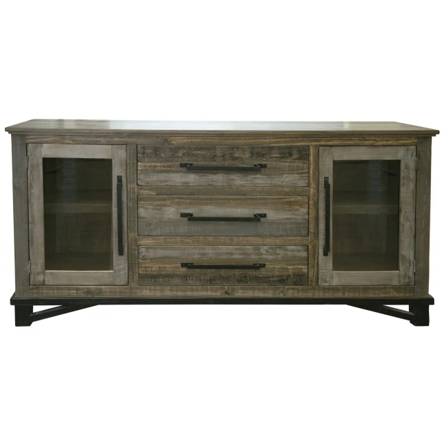 Solid manufactured wood distressed buffet table with cabinetry drawers and wood stain finish