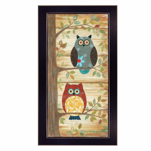 Owls black framed print wall art featuring bird patterns and artistic owl painting