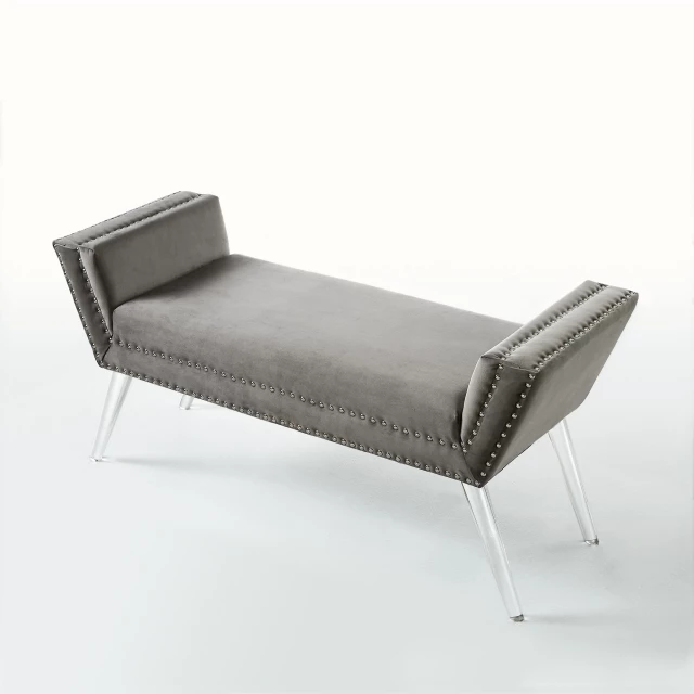 Gray clear upholstered velvet bench with wood armrests and comfortable rectangle seating