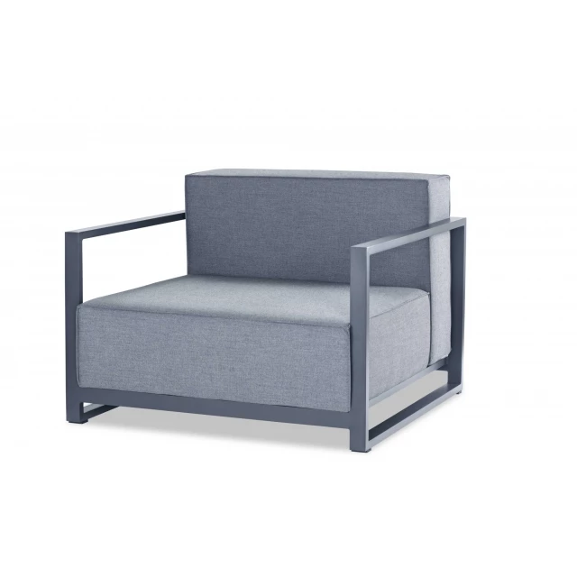 Gray arm chair with wood armrests and composite materials designed for comfort and outdoor use
