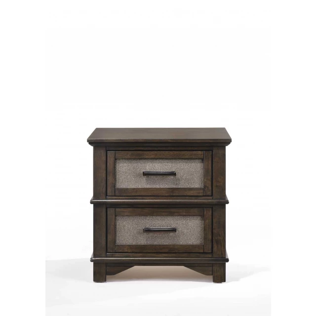 Dark walnut wood nightstand with drawers and shelf