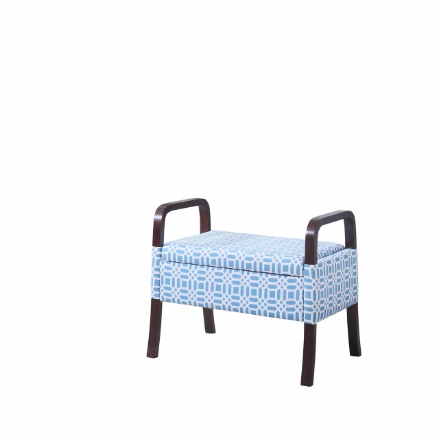 Blue white polyester dark brown ottoman with wood armrests and bench design for outdoor furniture
