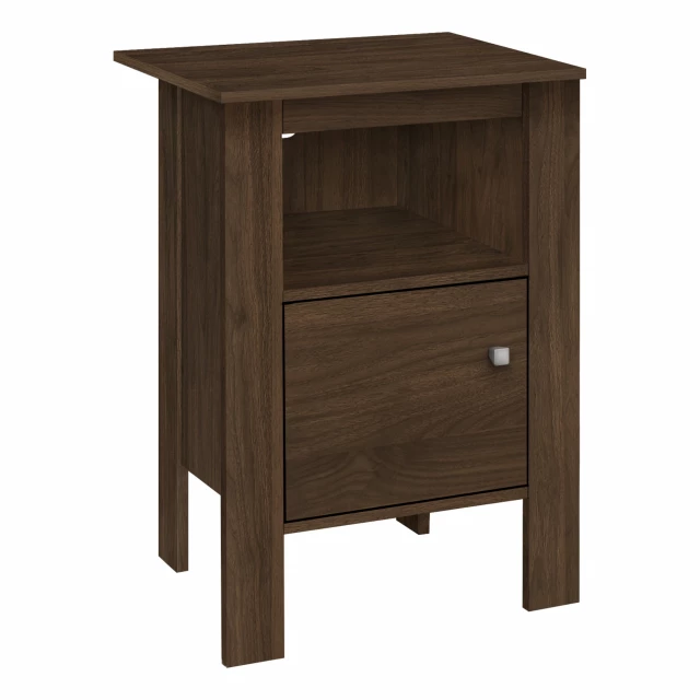 Walnut nightstand cabinet with storage drawers and wood stain finish