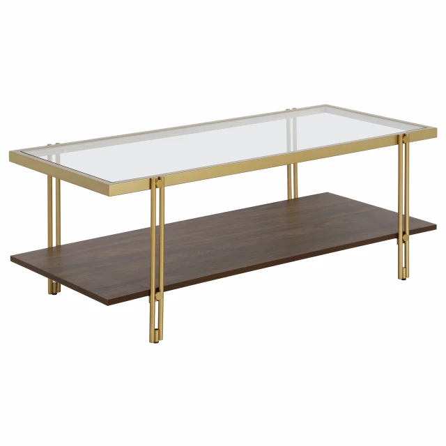 Gold glass steel coffee table with shelf in a modern outdoor setting