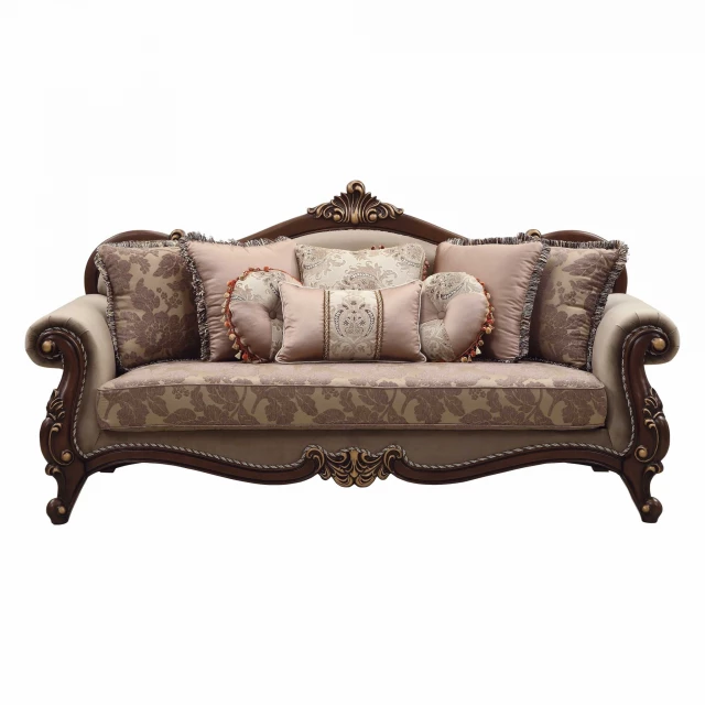 Walnut upholstery wood leg trim sofa with pillows and comfortable brown studio couch design