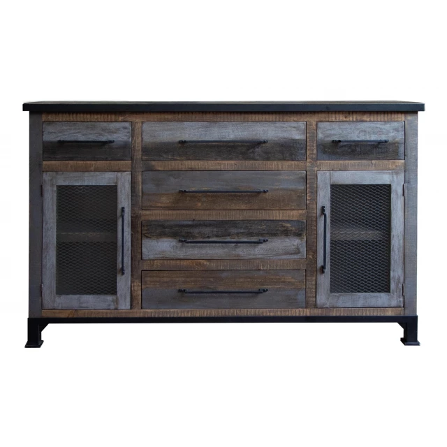 Solid manufactured wood distressed buffet table with shelves in hardwood and outdoor furniture style