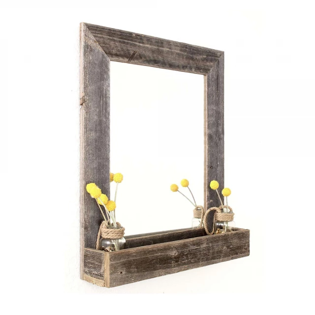 gray reclaimed wood plank mirror shelf with vase and floral design