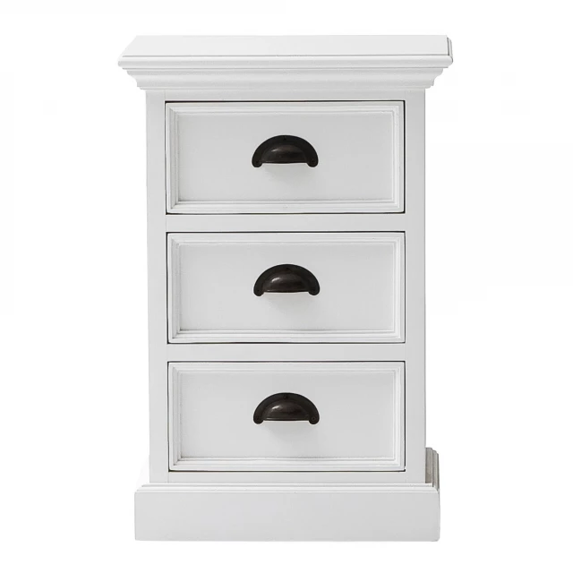 classic white drawer nightstand with metal handles and natural material finish