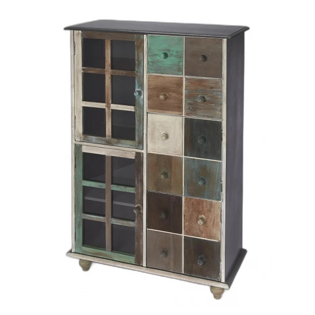 Wood frame standard accent chest with brown cabinetry and natural material drawers