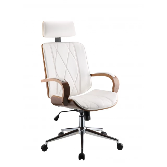 white leatherette walnut office chair with armrests and wheels for comfort