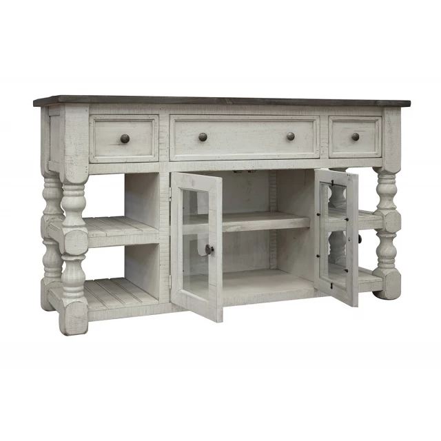 Distressed wood open shelving TV stand in hardwood and plywood