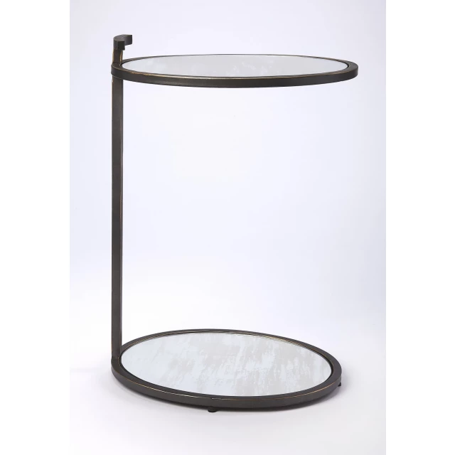 Black mirrored oval end table with shelf and metal accents