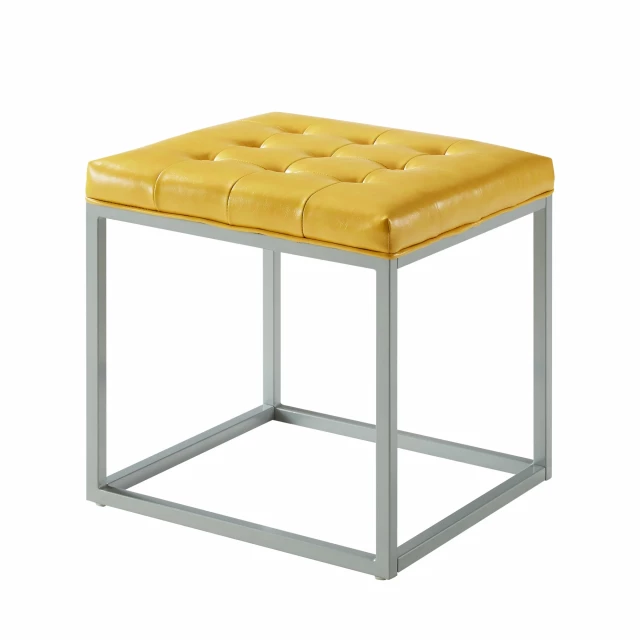 Yellow faux leather gray cube ottoman in a modern furniture setting