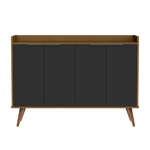 Black buffet accent chest with six shelves made of hardwood and plywood featuring wood stain finish
