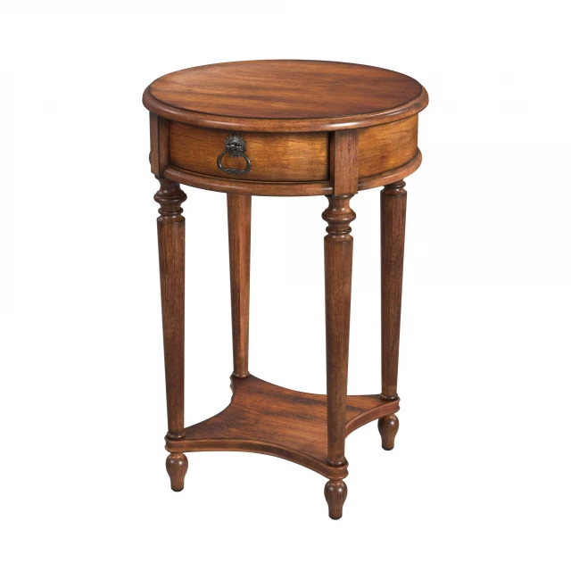 Round wooden end table with drawer and shelf on pedestal base
