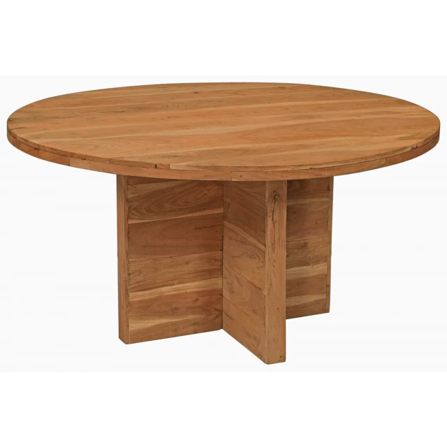 Natural rounded solid wood dining table with varnish finish suitable for outdoor use