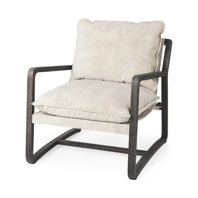 Rustic cozy black cream accent chair with wood armrests and metal details
