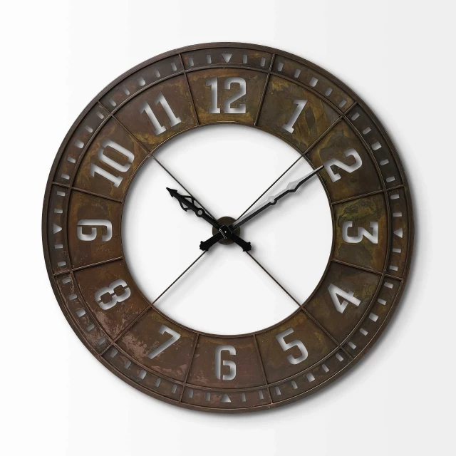 round industrial brown wall clock with metal frame and quartz movement