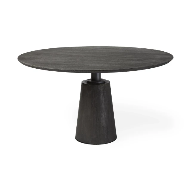 Brown metal wood base dining table with chairs in a grey rectangle design