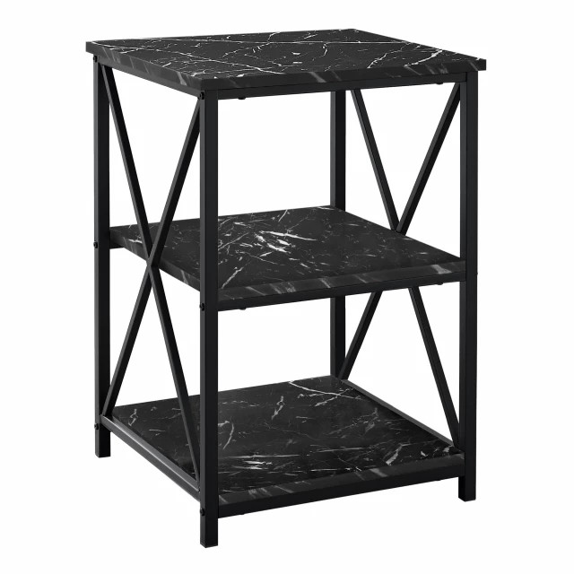 Black faux marble end table with rectangle shelves and metal accents