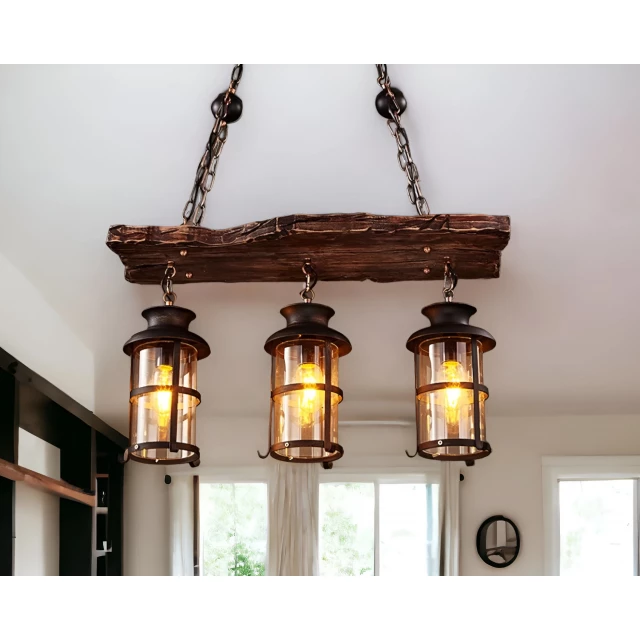 wood metal light hanging lantern chandelier with amber glow and wooden material