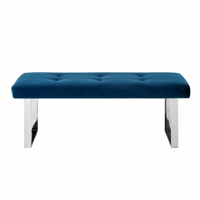 Navy blue silver upholstered velvet bench with a modern rectangle design suitable for outdoor furniture