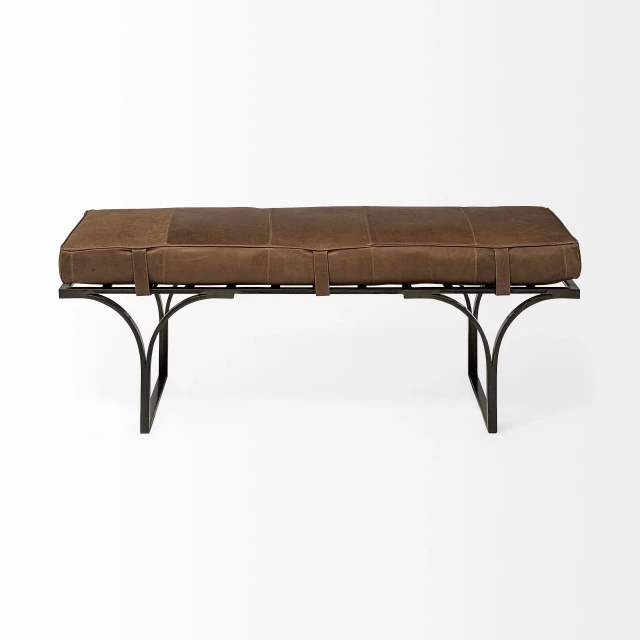 Brown black upholstered genuine leather bench with wood accents