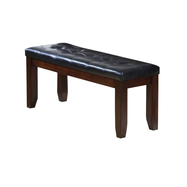 Black espresso upholstered faux leather bench with wood stain finish and hardwood construction