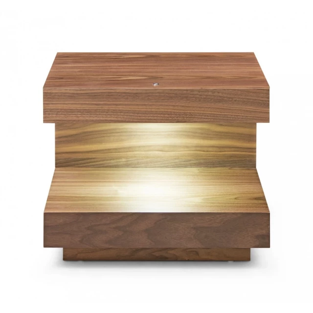 Contemporary LED lit walnut nightstand with drawer and varnished hardwood flooring finish