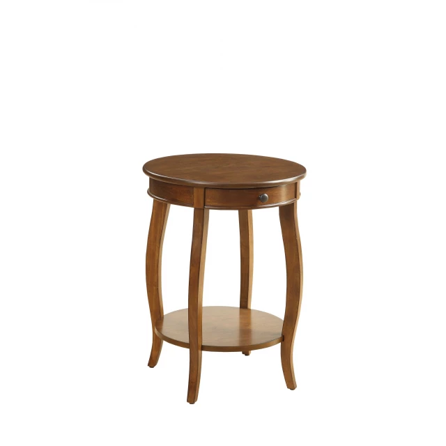 Solid wood round end table with shelf and varnish finish in a natural setting