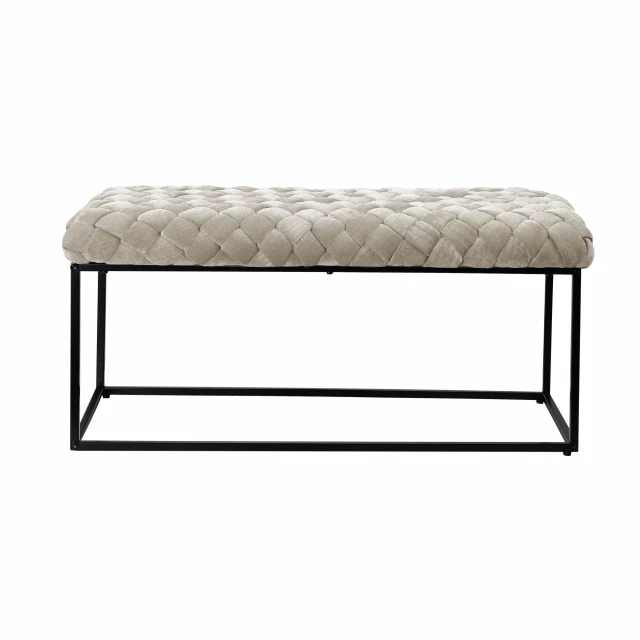 Cream black upholstered velvet bench with hardwood base suitable for outdoor use