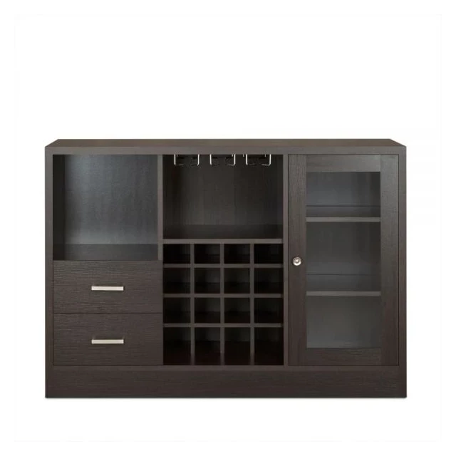 Espresso wood server with cabinetry drawers and kitchen appliance features