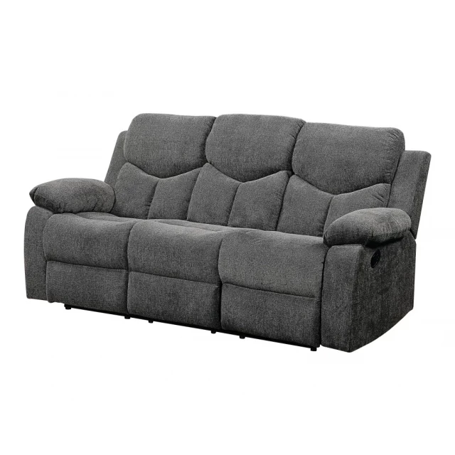 Gray black chenille reclining sofa with comfortable plush seating and modern design
