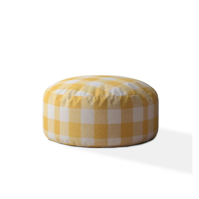White canvas round gingham pouf ottoman with comfortable tints and shades design