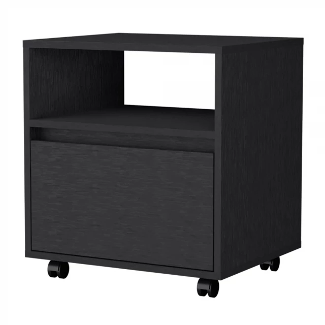 Black drawer nightstand with integrated tech features modern design
