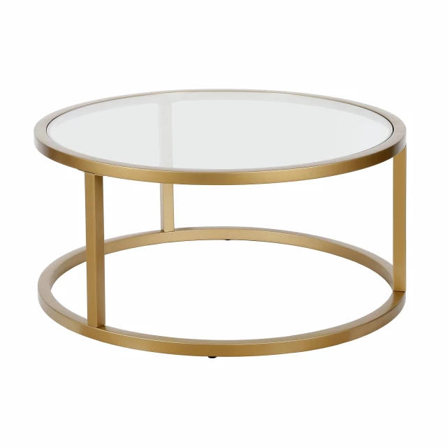 Gold glass and steel round coffee table with metal circle base for modern furniture decor