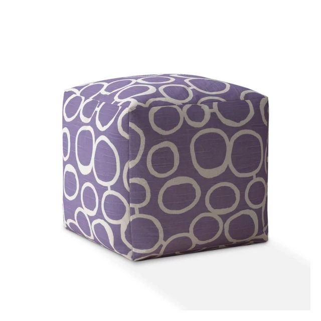 Abstract patterned purple and white cotton pouf ottoman with magenta accents