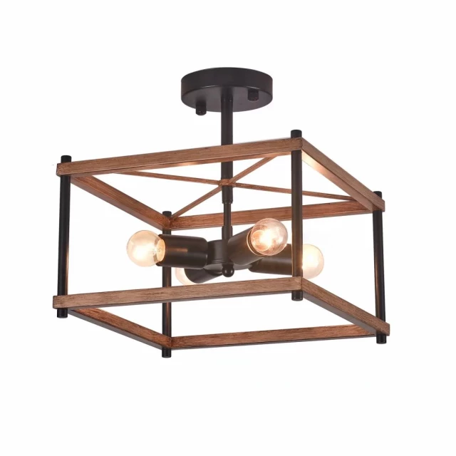 wood square four light ceiling fixture with metal and wood elements