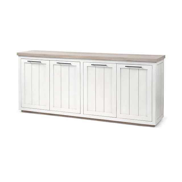 White frame sideboard cabinet with glass doors and metal accents