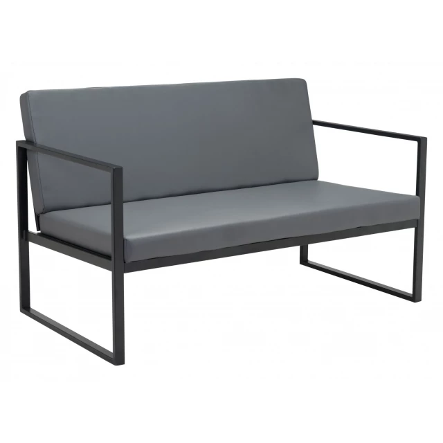 Gray black faux leather sofa with armrests and wood accents in a modern design