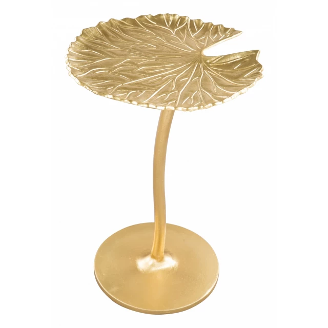Gold lilypad side table with metal twig art design and plant motifs