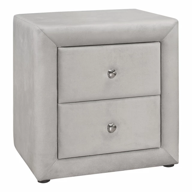 Light gray velvet drawer nightstand with metal accents and minimalist design