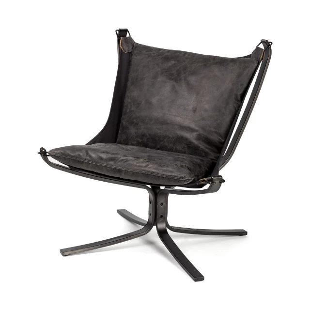 Suspended seat accent chair with iron frame and comfortable armrests in shades of metal