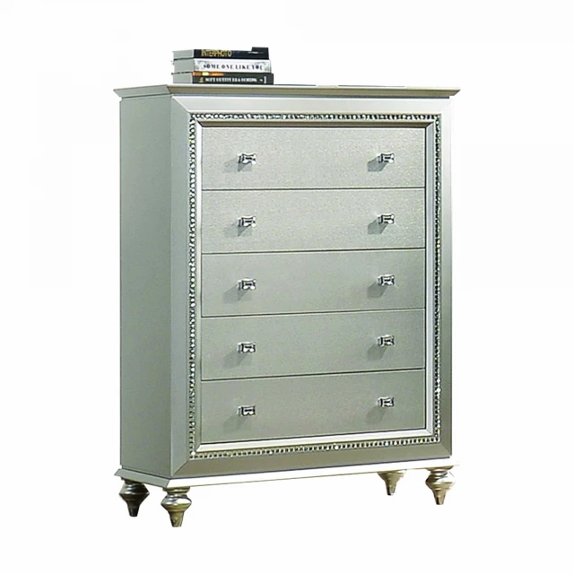 Champagne colored five drawer standard chest for bedroom storage