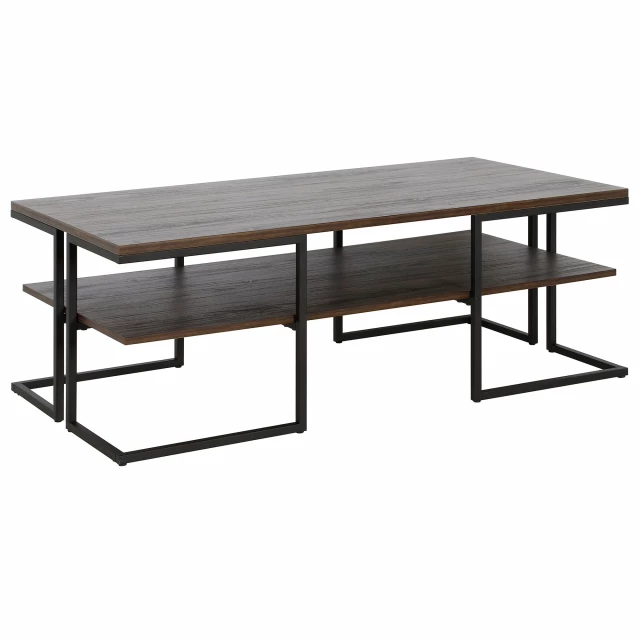 Black steel coffee table shelf with wood stain and rectangle shape