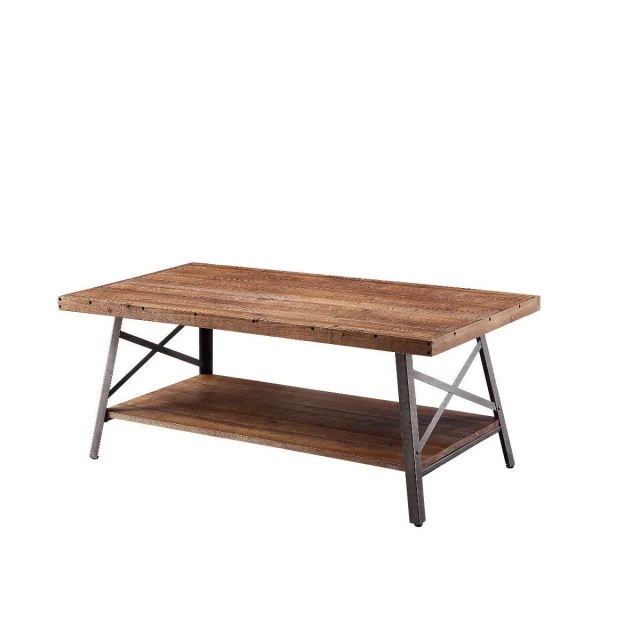 Weathered oak rectangular coffee table with shelf and wood plank design for outdoor use