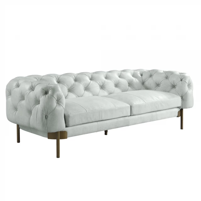 Vintage white grain leather gold sofa with comfortable rectangular studio couch design