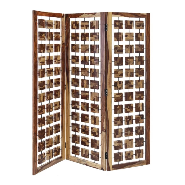 Wood squares panel room divider screen with symmetrical pattern and shelving design
