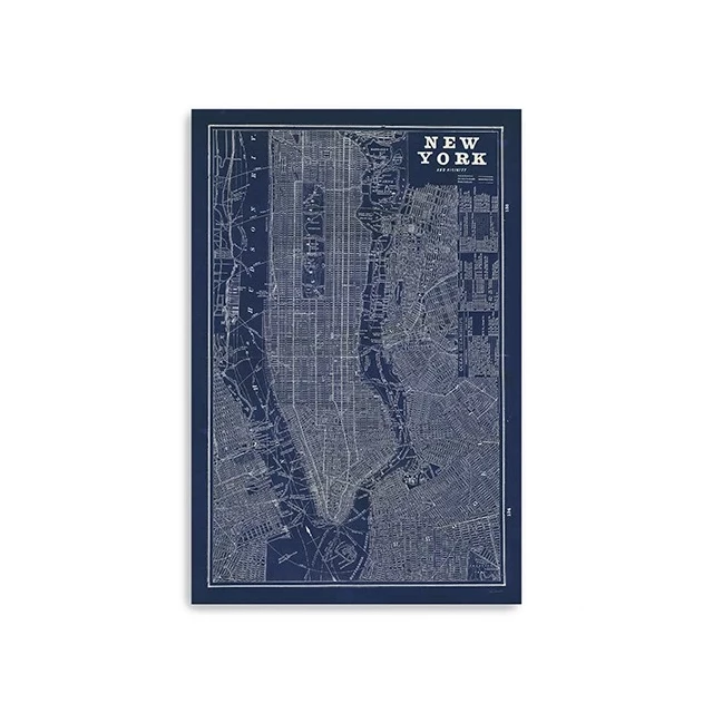 aerial york map canvas wall art with electric blue accents and handwritten-style patterns